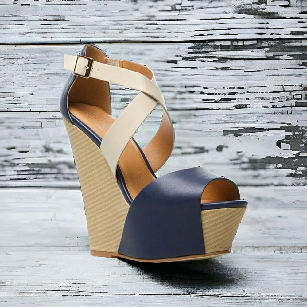 Beau & Ashe Bold High Wedge Leather Colorblock Strappy Minimalist Sandals 8.5